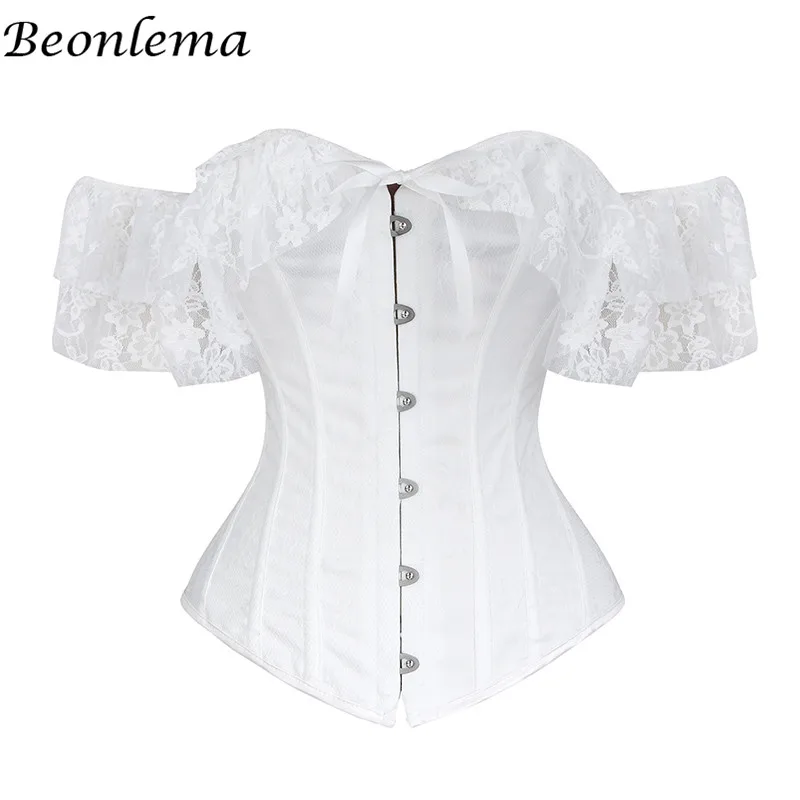 Beonlema/женские сексуальные корсеты, бюстье, кружевное нижнее белье, шнуровка, Бурлеск Готический корсет, корсет с открытыми плечами, белый лиф - Цвет: Белый