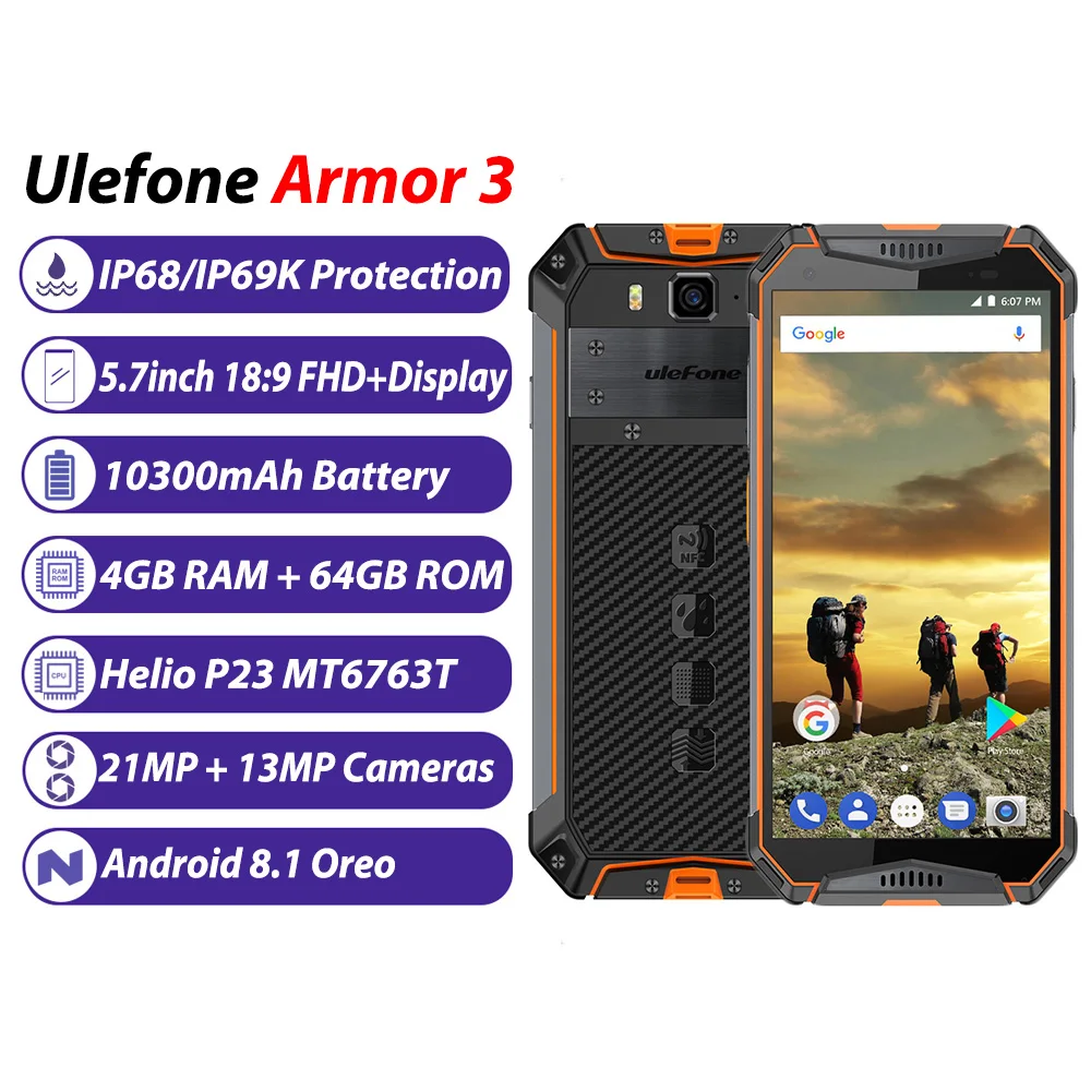 Глобальная версия Ulefone power 3 прочный телефон 10300 мА/ч, IP68 Водонепроницаемый 4 Гб+ 64 Гб 5," FHD+ 8-ядерный 21MP Face ID NFC Смартфон