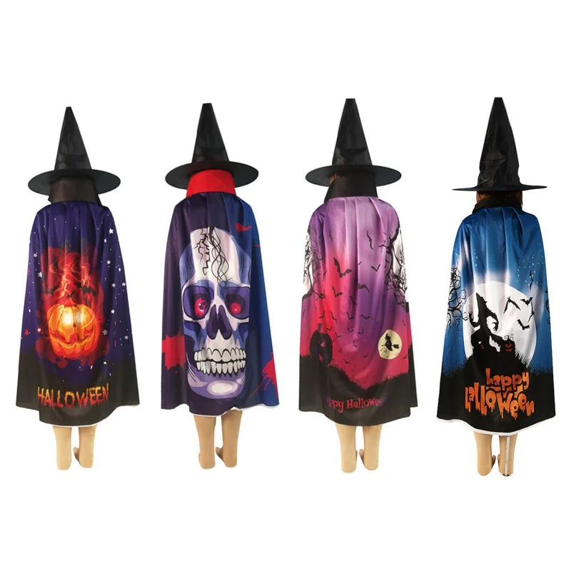 

Halloween Decorations Cloak Pumpkin Skull Ghost Bat Pattern Wizard Cloak Hat For Party Cosplay Fancy Dress Costume Props