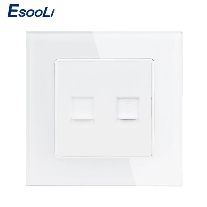 Esooli белая роскошная хрустальная стеклянная панель 1 банда RJ11 Телефон с RJ45 Интернет Джек CAT6 разъем компьютерная розетка