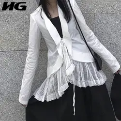 HG сплайсированный блейзер с Рюшами пальто женское белое тонкое пальто шнуровка неправильный тонкий модный Джокер досуг 2019 осенний костюм