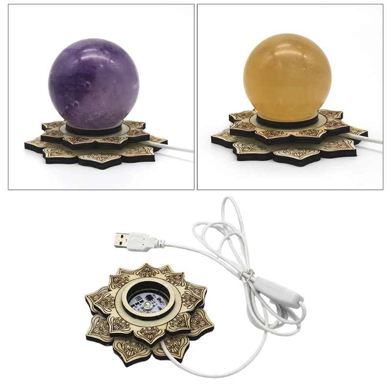 Solid Wood Cylindrical LED Night Light Base Crystal Crafts Glass Decoration Luminous Base Crafts Lotus Shaped Light