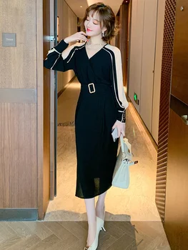 

Normcore Style Contrasting Color Stitching Striped Waistband Waist Hugging Midi Dress Women's 2020 Early Autumn New Style
