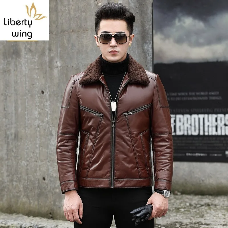 

Men Wool Collar Cowhide Genuine Winter Warm White Duck Down Coat Fashion Motorcycle Cow Leather Jacket Outwear