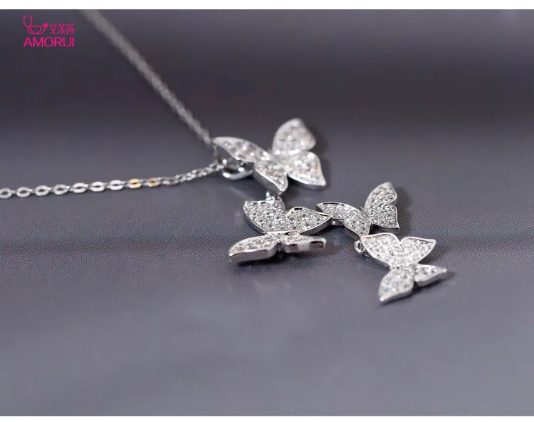 AMORUI Women Fashion Butterfly Silver Color Pendant Necklace Romantic AAA Zircon Necklace Anniversary Gift Jewelry