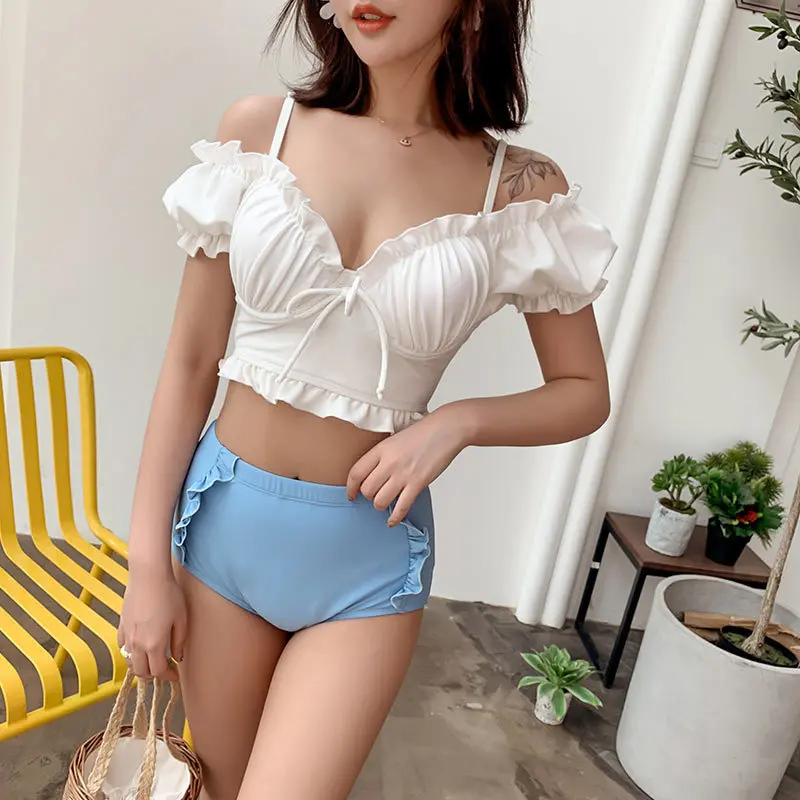 

Thailand Holiday White Bathing Suit Women's Conservative Boxer Bikini Belly Covering Slimming Backless Camisole South Korea Bath