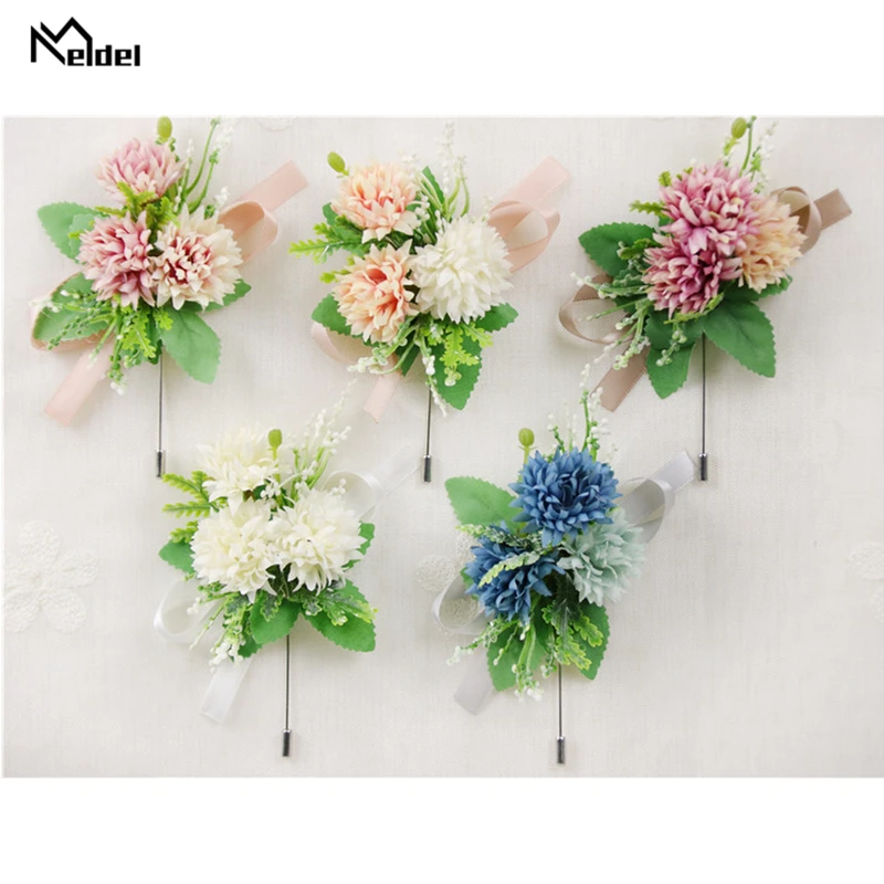 

Meldel Groom Boutonniere Artificial Silk Pompon Flower Bridesmaid Wrist Corsage Girl Bracelet Wedding Flower Men Suit Decoration