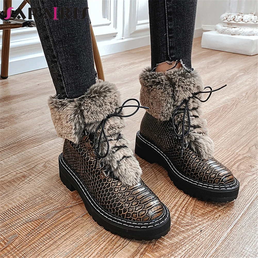 

SARAIRIS New Ladies Brand mixed-color Fretwork Ankle Snow Boots Women 2020 Fashion Platform Fur Boots Med Heels Shoes Woman