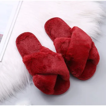 

Women warm plush slippers Woman open toe slides Female home soft shoes Ladies comfortable flat Women's winter shoes plus size