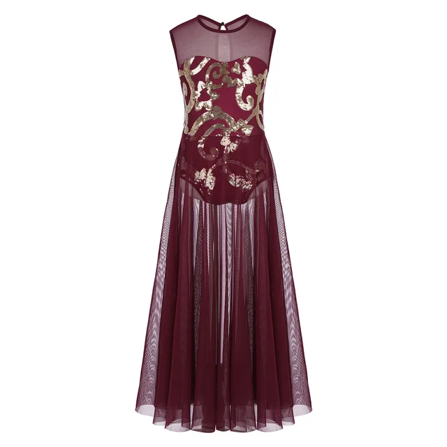 Kids Glittery Ballet Tutu Dress Gymnastics Leotard Dance Girls Floral Sequins Leotard contemporary Dress Lyrical Dance costumes Burgundy A