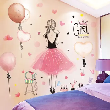 

[SHIJUEHEZI] Cartoon Girl Wall Stickers DIY Balloons Pot Plant Mural Decals for House Living Room Kids Bedroom Decoration