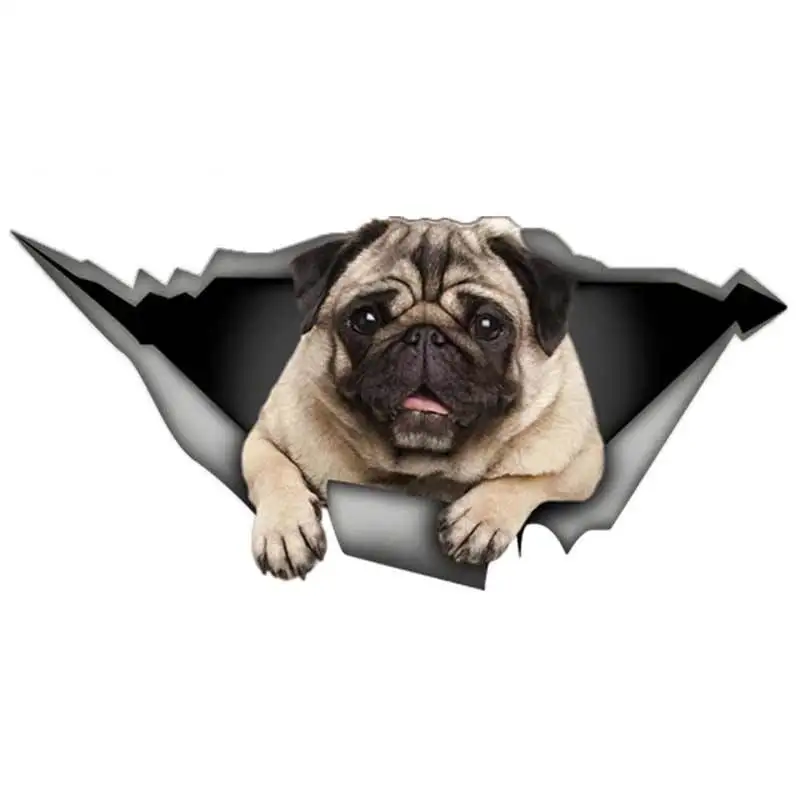 

13cm Pug Dog Animal Car Sticker Torn Metal Decal 3D Window Car Bumper Decals Reflective Vinyl Stickers