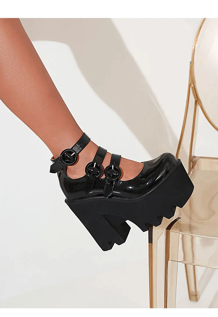 Three Rows Of Round Buckle Super High Wedges Sexy Women's Pumps Bright Patent Leather Super High Platform Women's High Heels