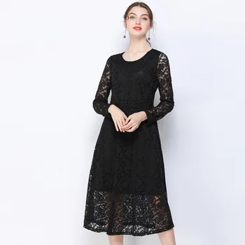 

2020spring autumn lace long dress plus size women fashion European style cultivating round neck long sleeve longo vestidos L-5XL