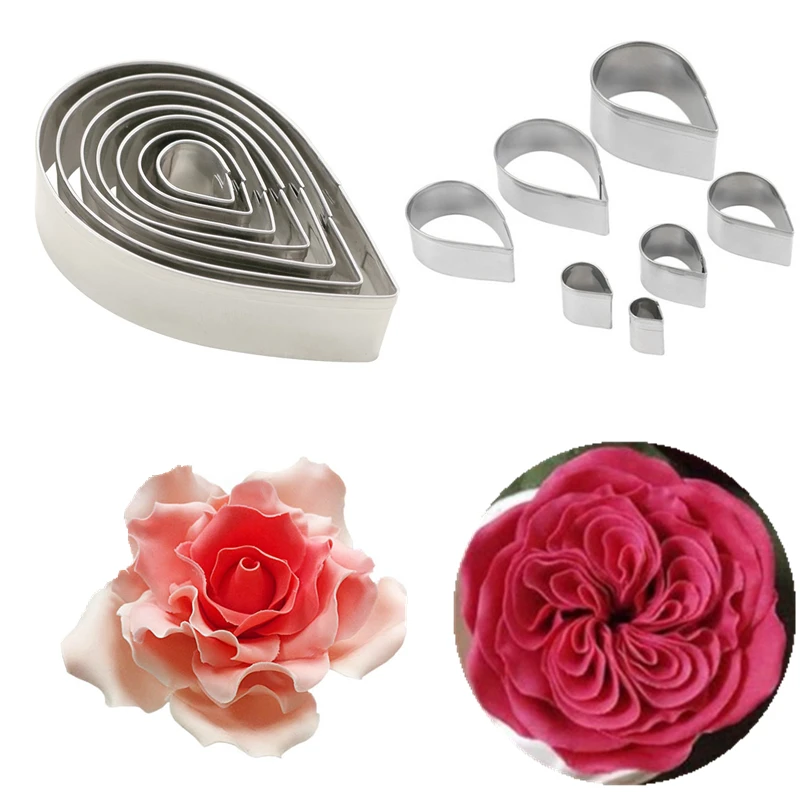 Fondant Cake Mold Stainless Steel Creative Water Drop Rose Flower Leaves Pastry Mould Biscuit Candy Decorating Tools 7Pcs/Set baking mold baking decorating tools