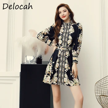 

Delocah Women Autumn Fashion Designer Short Dress Lantern Sleeve Sashes Floral Print Elegant Bodycon Fit Ladies A-Line Dresses