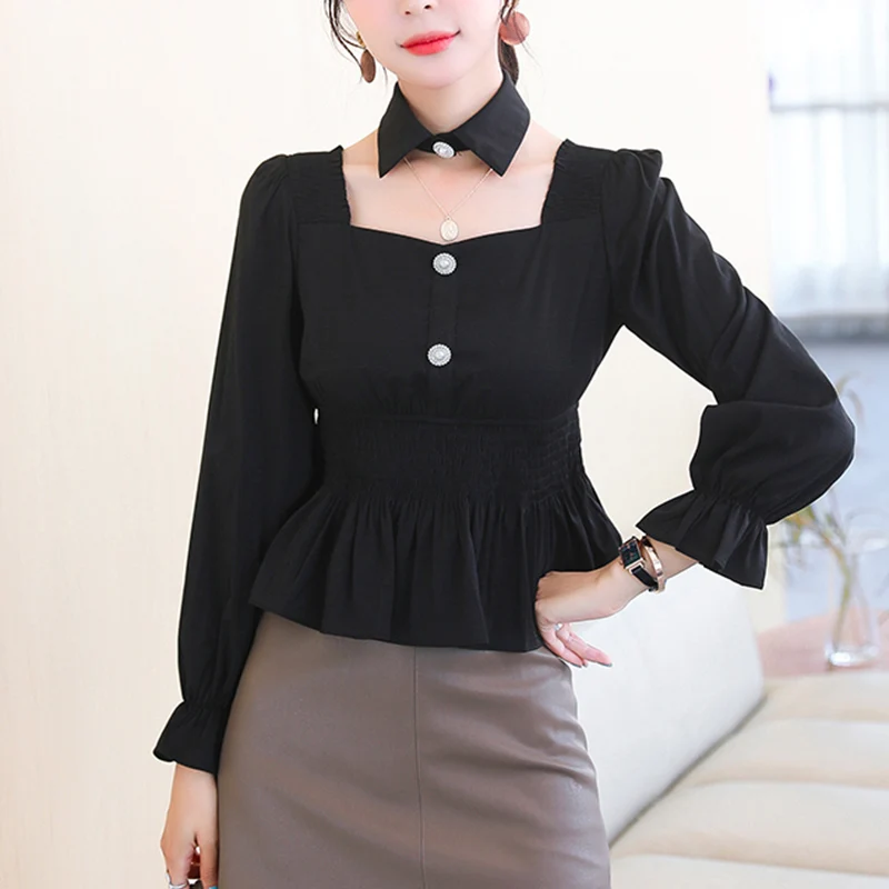 

LJSXLS 2020 Autumn Elegant Korean Womens Clothing Sexy Square Collar Short Shirt Women Flare Long Sleeve Chiffon Blouse Crop Top