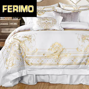 

White Golden Bedding Set Queen Super King size Bed sheet set Luxury Egypian cotton Embroidery Bedding sheet Duvet Cover set