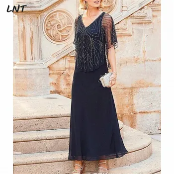 

V Neck Ankle Length Dark Navy Mother of the Bride Dress with Beads Wedding Guest Dress Plus Size
