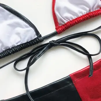 

Women Sexy Bikini Set Wetlook Faux Leather Swimsuit Color Block Splice Beachwear 50JB