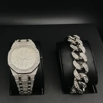 

Luxury Men Gold Color Watch & Neckalce Combo Set Ice Out cuban jewerly Crystal Miami Cross Necklace Chain Hip Hop For Men