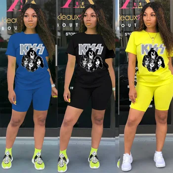 

2020 Summer Women's Suit European and American Hot Style Model Solid-color Letter Kiss Print Casual Fashion