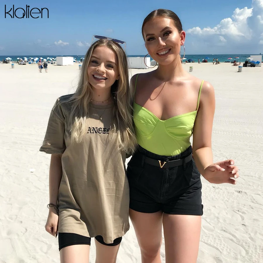 KLALIEN, женские повседневные модные футболки с вышивкой, с буквенным принтом, с коротким рукавом, с круглым вырезом, цвета хаки, свободные, эластичные, женские футболки, новинка, лето