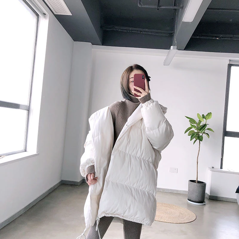 

Casual Women Long Winter White Coat Female Hooded Cotton Padded Loose Coat Ladies Single Breasted Coat for Office Lady