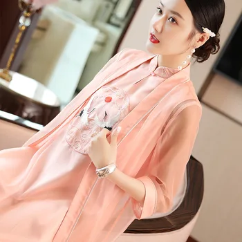 

Oriental clothing 2020 spring Retro High-end dress Chinese style embroidered Cape jacket + sleeveless dress two-piece dress