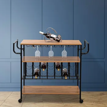

Industrial Wine Rack Cart Bar Wine Drinks Cart Kitchen Rolling Storage Bar Wood Table Trays Serving Trolley Rack Shelf