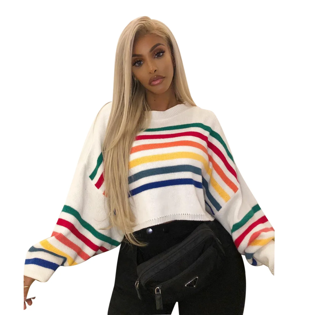 Sweaters Womans Jumper Women Knit Sweater Tops Colorful Stripe Print O Neck Long Sleeve Casual Sweater Autumn Fashion Pullover