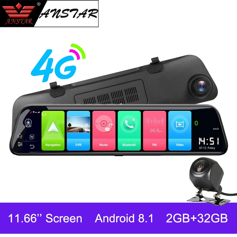 

Anstar 11.66" 4G Car DVR 2+32GB Android 8.1Rearview Mirror 1080P Video Recorder ADAS GPS Auto Registrar Dash Cam