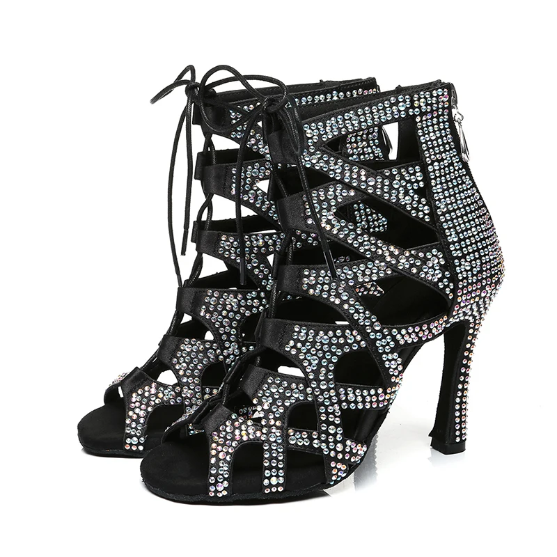DKZSYIM Lace-Up Latin Dance Shoes Women Ballroom Black Dancing Shoes High Heels Rhinestone Party Dance Boots Soft Soles For Girl 4