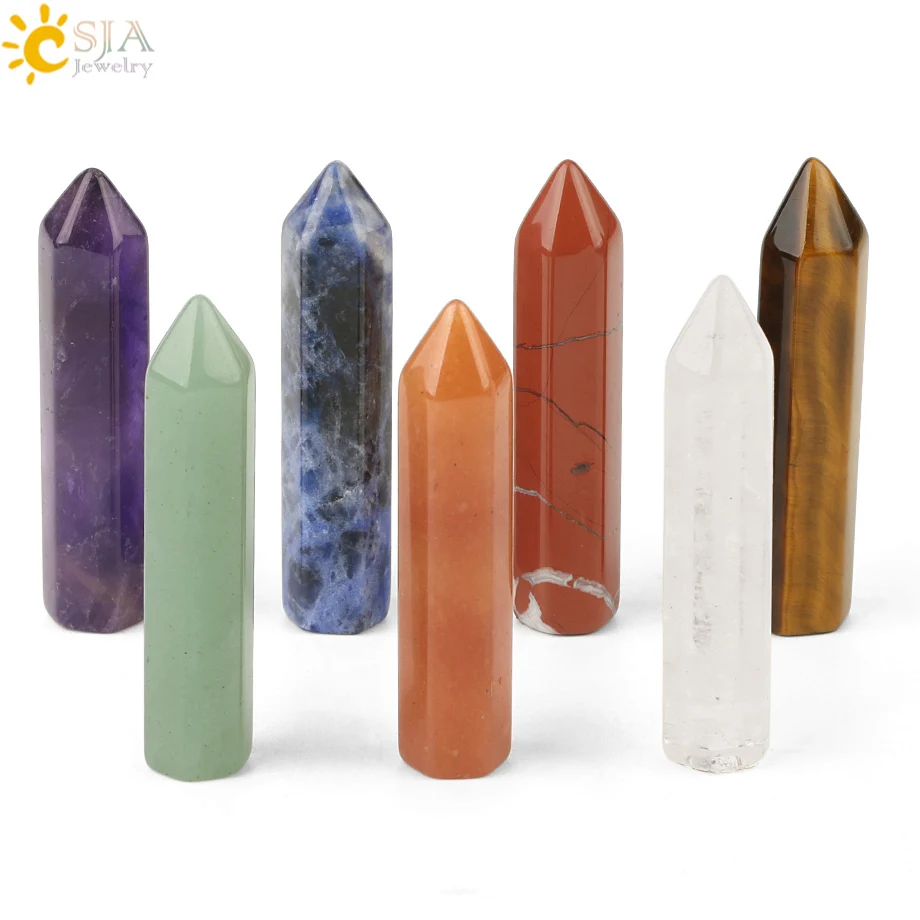 

CSJA 7 Chakra Natural Stones Decoration Hexagonal Column Stone Set with Box Reiki Healing Point Pyramid Craft Home Ornament G188