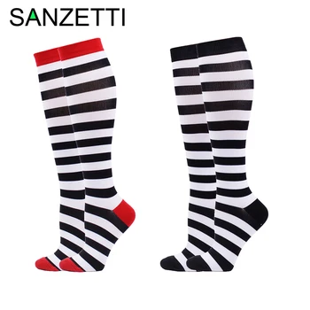 

SANZETTI 2 Pairs/Lot Compression Socks Women Cotton Leg Support Below Knee Anti-Fatigue Black Striped Streetwear Long Socks