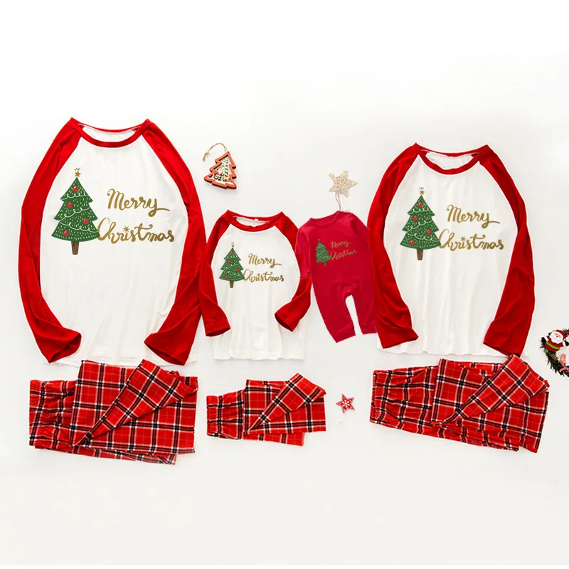 

Family Matching Christmas Clothes Set Red Cartoon Tree Top+ Long Pants Outfit Winter Xmas Clothes Parent Child Pajamas