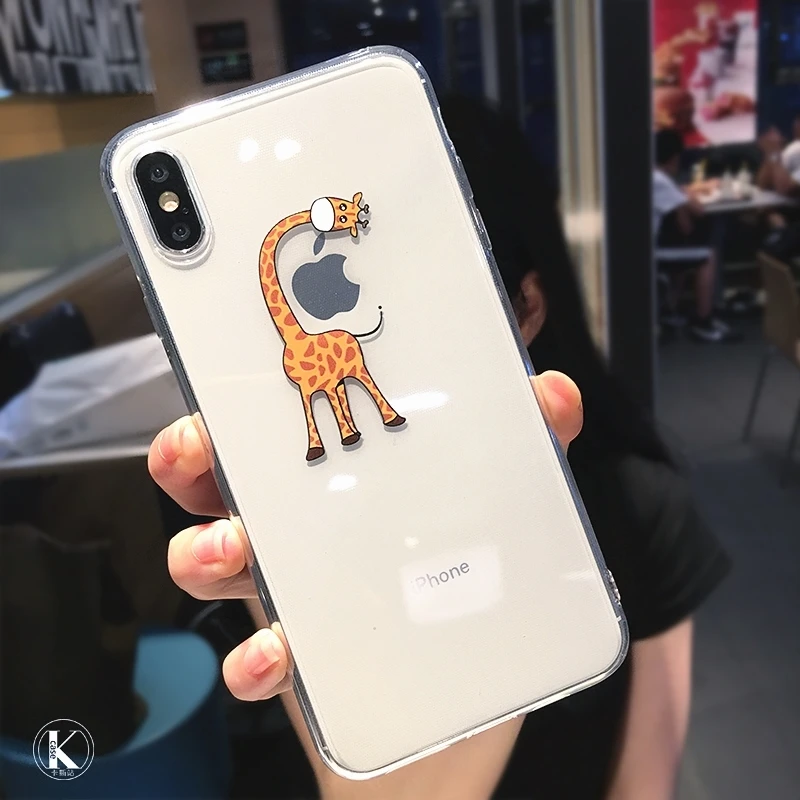 Cute Cartoon animal giraffe Clear Phone Case For iPhone 11 Pro Max X XS XR 7 8 plus 6 6s Couple Transparent Soft TPU Back Cover - Цвет: Bend neck