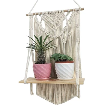 

Macrame Wall Hanging Shelf, Single Tier Wood Floating Hanging Shelf Organizer Hanger, Handmade Boho Home Wall Decor