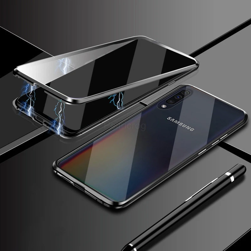 Магнитный металлический чехол для samsung Galaxy Note 10 Pro 8 9 S10 S9 S8 плюс A7 A8 A9 A10 A50 A70 A20 A30 Двусторонняя стеклянная крышка - Цвет: Black