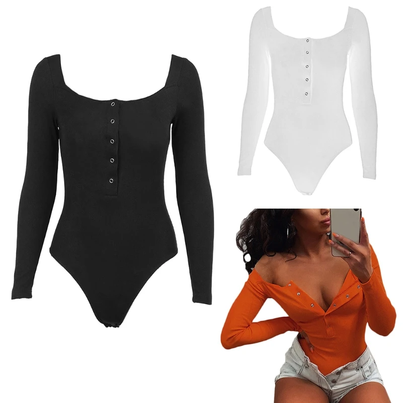 

Women Long Sleeve Ribbed Knit Bodysuit Single Breasted Button Up Sexy V-Neck Leotard Solid Color Bodycon Jumpsuit Tops