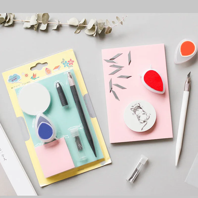 Hand Accessories Handmade 1 Set Carving Tools Craft Knife Ink Pad Rubber Brick DIY Rubber Stamp Portable