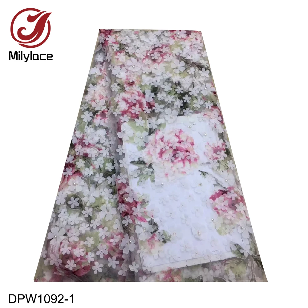 

Fashion African Milk Silk Print Lace Fabric with 3D Flower Applique Fabric High Quality French Tulle Net Lace for Dress DPW1092