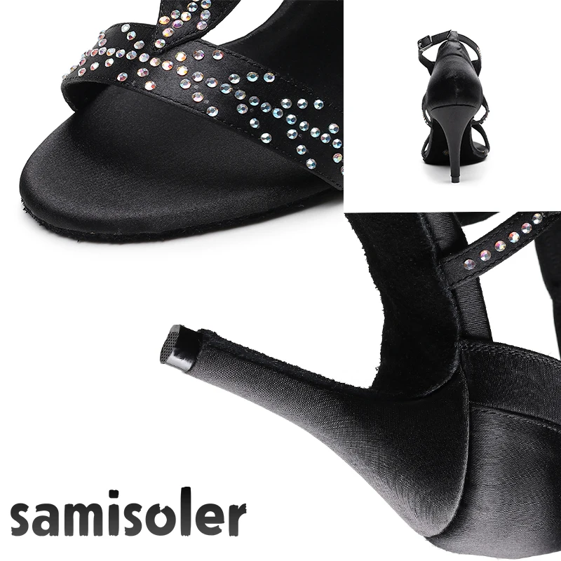 Samisoler/туфли для латинских танцев; zapatos de baile; женские черные атласные вечерние туфли для бальных танцев со стразами