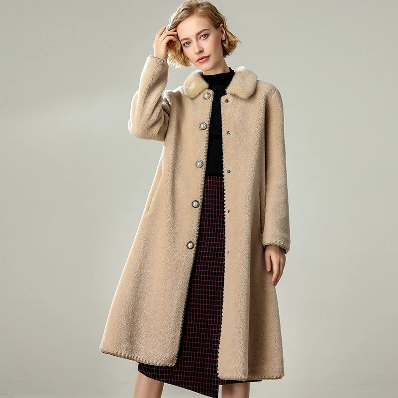 

Autumn Winter Coat Women Clothes 2019 Korean Vintage Mink Fur Collar Wool Jacket Real Fur Coat Sheep Shearing Suede Lining T3644