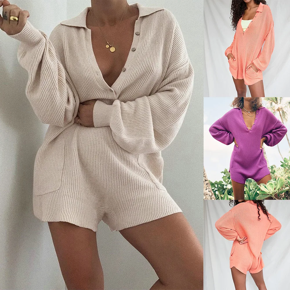 

Women Jumpsuits Fashion Sexy Solid Color Deep V Neck Loose Long Sleeves Casual Sport Short Jumpsuits Female Chic Clothes
