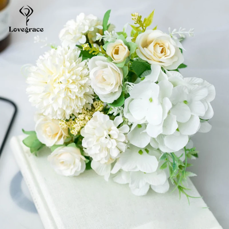 rose-white Lovegrace Свадебный букет искусственного шелка розовый цветок пиона букет невесты розовая Гортензия помпон бутон ваниль шип Свадебные Поставки - Цвет: rose-white