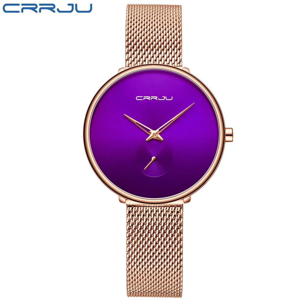 Rose gold purple CRRJU красивый дизайн часы для женщин Мода повседневное сталь сетки наручные часы женские кварцевые часы - Цвет: Rose gold purple