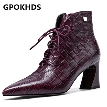 

GPOKHDS 2021 women Ankle boots Cow leather Winter short plush Pointed Toe Zipper High heels female boots size 40