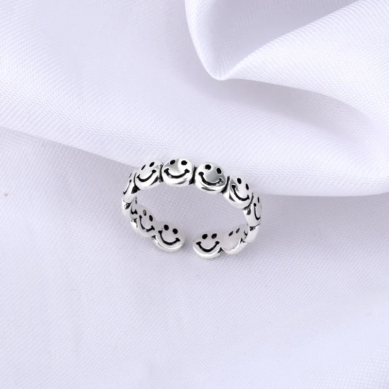 Vintage Ancient Silver Color Happy Smiling Face Open Rings for Women Punk Hip Hop Adjustable Ring Fashion Jewelry Best Gift