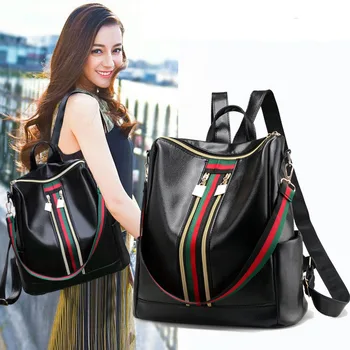 

Fashion Anti Theft Backpack Women Pu Waterproof Double Zip Bagpack 20-35 Litre Black Softback Lightness Travel Feminina Backpack